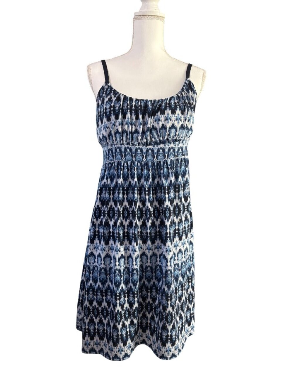 Blue & White Sleeveless Boho Ikat Print Summer Sundress By Allison Brittney Sz L